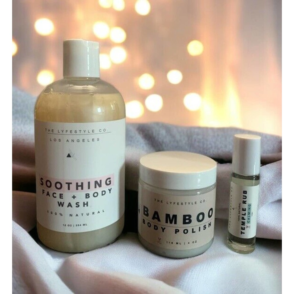 THE LYFESTYLE CO. Soothing Face & Body Wash + Bamboo Body Polish + Temple Rub